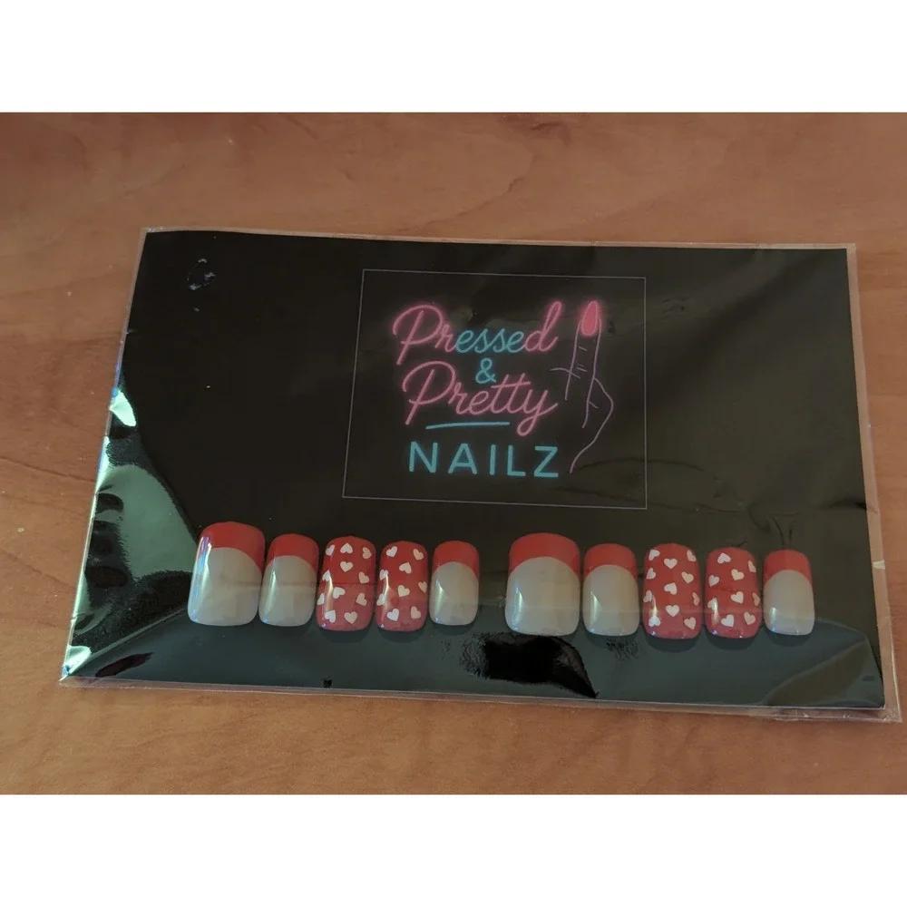 Press On Nails French Tip with Red Hearts, Hand Panted Gel, Valentine's Day